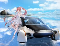 1girl alternate_costume blue_sky brown_hair car castle cloud commission doki_doki_literature_club dress green_eyes highres lake looking_at_viewer mi_tarou0412 monika_(doki_doki_literature_club) motor_vehicle pixiv_commission ponytail reflection reflective_water sky smile solo steering_wheel water white_dress 