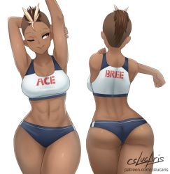  1girl abs ass breasts brown_hair butt_crack cleavage cslucaris harriet_bree mohawk multicolored_hair pink_eyes rwby shaved_head solo stretching tagme  rating:Sensitive score:81 user:CaptainD