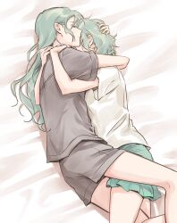 2girls absurdres bang_dream! bare_arms bare_legs bed closed_eyes closed_mouth commentary couple feet_out_of_frame green_hair green_skirt grey_shirt grey_shorts hand_on_another&#039;s_head highres hikawa_hina hikawa_sayo hug incest indoors leg_between_thighs long_hair lying multiple_girls on_bed on_side shirt short_sleeves shorts siblings sisters skirt sleeping t-shirt twincest twins white_shirt yuri zihacheol rating:General score:23 user:danbooru