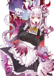  absurdres apron asymmetrical_horns black_dress bystial_dis_pater cup dragon_girl dragon_horns dragon_tail dress duel_monster dutch_angle extra_arms forked_tongue genderswap genderswap_(mtf) highres horns long_hair long_tongue looking_at_viewer maid_apron maid_headdress personification pointy_ears red_eyes surphase tail teacup tongue white_hair yu-gi-oh! 