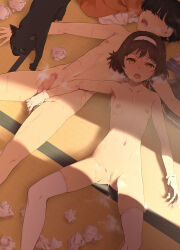  1boy 1girl admiral_(kancolle) aftersex animal black_hair breasts brown_hair cat censored completely_nude dutch_angle feet_out_of_frame from_above gloves hairband hetero kantai_collection legs_apart little_boy_admiral_(kancolle) loli looking_at_viewer mosaic_censoring navel nipples nude penis short_hair shota sidelighting skindentation small_breasts takemura_sessyu tanikaze_(kancolle) tareme tatami teeth thighhighs tissue upper_teeth_only used_tissue white_gloves white_thighhighs yellow_eyes  rating:Explicit score:376 user:GDark