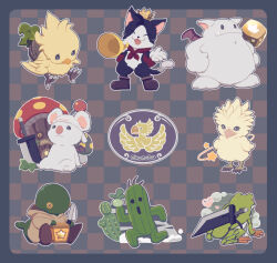  alternate_form brown_footwear buster_sword cactus cait_sith_(ff7) chocobo cloud_strife commentary crown dice final_fantasy final_fantasy_vii final_fantasy_vii_rebirth final_fantasy_vii_remake frog from_behind full_body highres holding holding_knife knife mini_crown moogle mushroom no_humans sabotender saki_(hxaxcxk) sitting standing star_(symbol) sword tonberry weapon weapon_on_back 