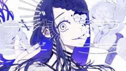 1girl ado_(utaite) blue_hair braid cho96850 facial_mark forehead_mark gira_gira hand_up highres limited_palette long_hair looking_at_viewer one_eye_covered open_mouth parted_lips portrait purple_hair single_sidelock tagme tongue tongue_out wide-eyed 