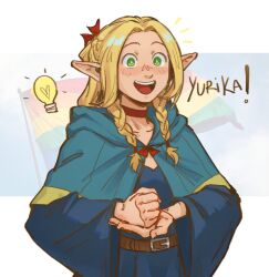  1girl belt blue_capelet blue_robe bow braid byubiyubi capelet choker commentary dungeon_meshi elf english_commentary green_eyes hair_bow highres light_bulb long_hair marcille_donato pointy_ears rainbow_flag red_bow red_choker robe solo twin_braids 