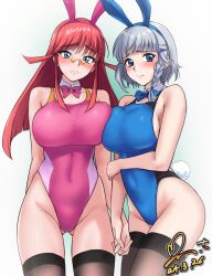  2girls animal_ears black_thighhighs blue_bow blue_eyes blue_one-piece_swimsuit blush bow braid breasts competition_swimsuit covered_navel dated detached_collar embarrassed frown grey_hair hair_ornament hairclip highres holding_hands large_breasts leotard long_hair looking_at_viewer multiple_girls one-piece_swimsuit pantyhose pink_bow pink_hair pink_one-piece_swimsuit playboy_bunny rabbit_ears red_hair renais_cardiff_shishiou seolla_schweizer short_hair side_braid sunglasses super_robot_wars super_robot_wars_alpha super_robot_wars_dd super_robot_wars_original_generation swimsuit the_2nd_super_robot_wars_alpha the_3rd_super_robot_wars_alpha thighhighs yoo_tenchi yuusha_ou_gaogaigar yuusha_ou_gaogaigar_final yuusha_series 