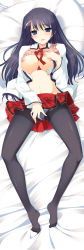 1girl bed bed_sheet black_pantyhose blouse blue_eyes blue_hair blush bra bra_pull breasts breasts_out clothed_masturbation clothes_lift clothes_pull d: dakimakura_(medium) female_masturbation from_above full_body grey_bra highres large_breasts legs long_hair long_legs looking_at_viewer lying masturbation matching_hair/eyes mutou_kurihito nipples on_back on_bed open_bra open_clothes open_mouth open_shirt panties panties_under_pantyhose pantyhose pillow shirt shirt_lift shunki_gentei_poco_a_poco! skirt skirt_lift solo source_request spread_legs thighs underwear unfastened white_panties yuuki_natsumi