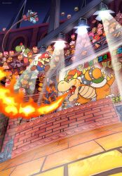  arena blonde_hair blooey_(paper_mario:_the_thousand_year_door) blooper_(mario) boo_(mario) bootler bow_(paper_mario) bowser bracelet breath_weapon breathing_fire brick bristle brown_footwear brown_hair bub_(paper_mario:_the_thousand_year_door) buzzy_beetle camera chain_chomp character_request cloud colosseum crazee_dayzee dark_claw_(paper_mario:_the_thousand_year_door) dark_puff dupree_(paper_mario:_the_thousand_year_door) english_text facial_hair fangs fighting fire flower_fuzzy fuzzy_(mario) glasses gloves goldbob_(paper_mario:_the_thousand_year_door) green_hat green_shirt grubba hammer hammer_brothers hat heart heart_tail highres holding holding_camera hollow_eyes horns iron_cleft jewelry jumping koopa_troopa lakitu long_sleeves looking_at_another luigi magikoopa maribou_(supermaribou) mario mario_(series) mask microphone ms._mowz multiple_boys mustache nintendo open_mouth overalls paper_mario paper_mario:_the_thousand_year_door paper_mario_64 piranha_plant red_footwear red_hair red_hat red_toad_(mario) reflective_floor shirt shoes shy_guy spiked_bracelet spiked_shell spiked_tail spikes stage stage_lights sunglasses swooper sylvia_(paper_mario:_the_thousand_year_door) tail television toadette white_gloves wizard_hat yoshi 