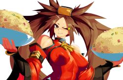  1girl bare_shoulders bowl breasts brown_eyes brown_hair china_dress chinese_clothes detached_sleeves dress food fried_rice guilty_gear guilty_gear_xrd highres holding holding_bowl impossible_clothes impossible_dress kuradoberi_jam large_breasts long_hair looking_at_viewer one_eye_closed red_dress signature simple_background smile solo star_(symbol) werfmight white_background 