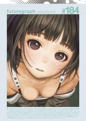  1girl breasts brown_eyes brown_hair cleavage downblouse eye_reflection highres looking_at_viewer murata_range reflection small_breasts solo  rating:Sensitive score:51 user:dogfin