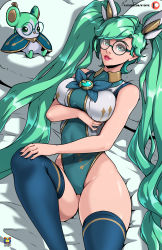  absurdres animal arm_under_breasts bare_shoulders bed black-framed_eyewear blue_thighhighs bow bowtie breast_press breasts feet_out_of_frame gem glasses green_bow green_bowtie green_eyes green_hair hair_ornament hand_on_knee highres kyoffie large_breasts league_of_legends leotard lips long_hair looking_at_viewer mouse_(animal) official_alternate_costume pillow red_lips shiny_skin skin_tight smile sona_(league_of_legends) star_guardian_(league_of_legends) star_guardian_sona thick_thighs thighhighs thighs twintails  rating:Explicit score:22 user:Moyz