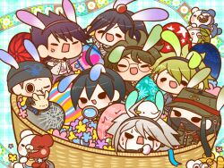  6+boys ahoge amami_rantaro android anger_vein angry animal animal_ear_hairband animal_ear_headwear animal_ears animal_on_head animal_on_lap arm_belt armband armor bandaged_hand bandages beanie bear belt bird bird_on_head black_eyes black_hair black_hairband black_hat black_jacket black_mask black_pants black_sclera blue_background blue_hairband blue_pants blue_shirt blunt_ends blush brooch brown_hair brown_jacket brown_pants buttons chain chain_necklace checkered_clothes checkered_scarf chibi clenched_hand coat coat_partially_removed collared_jacket colored_sclera commentary_request cuffs danganronpa_(series) danganronpa_v3:_killing_harmony double-breasted ear_blush ear_piercing earrings easter easter_egg eating egg facial_hair fake_animal_ears floppy_ears flower food food_on_head furrowed_brow gakuran glasses goatee gokuhara_gonta green_hair green_hat green_jacket green_pants grey_footwear grey_hair grey_hairband grey_jacket grey_scarf hair_between_eyes hairband hand_on_own_chin happy hat high_collar holding holding_animal holding_egg holding_magnifying_glass hoshi_ryoma in_basket insect_cage jacket jewelry k1-b0 lapels layered_sleeves leather leather_jacket long_hair long_sleeves magnifying_glass male_focus mask messy_hair momota_kaito monodam monokid monosuke monotaro_(danganronpa) mouth_mask multiple_boys multiple_piercings necklace nervous nervous_sweating notched_lapels object_on_head oma_kokichi on_head on_lap one_eye_closed open_clothes open_jacket open_mouth pacifier pale_skin pants pauldrons peaked_cap pendant piercing pinstripe_jacket pinstripe_pattern plaid plaid_background pocket pocket_watch pointing pointing_at_another purple_coat purple_hair purple_hairband purple_pants rabbit rabbit_ear_hairband rabbit_ears red_armband robot round_eyewear saihara_shuichi scarf school_uniform shackles sharp_teeth shinguji_korekiyo shirt shoes short_hair shoulder_armor shoulder_spikes simple_background single_sidelock smile solid_oval_eyes space_print spiked_hair spikes starry_sky_print straight_hair striped_clothes striped_pants striped_shirt stud_earrings sweat teeth turn_pale two-sided_coat two-sided_fabric two-tone_pants two-tone_scarf unmoving_pattern utensil_in_mouth v-shaped_eyebrows very_long_hair watch white_belt white_bird white_jacket white_scarf white_shirt white_undershirt yumaru_(marumarumaru) zipper zipper_pull_tab 