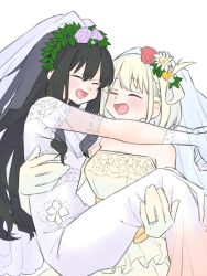  2girls arm_around_neck black_hair blonde_hair blush bridal_veil carrying closed_eyes commentary_request dress elbow_gloves female_focus flower gloves hair_flower hair_ornament highres inoue_takina jewelry lycoris_recoil medium_hair multiple_girls nishikigi_chisato one_side_up open_mouth princess_carry purple_dress purple_flower red_flower ring short_sleeves smile syonosuke9573 veil wedding_dress wedding_ring wife_and_wife yellow_dress yellow_gloves yuri 