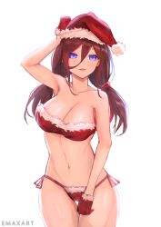  1girl absurdres alternate_costume artist_name bikini blue_eyes breasts brown_hair cleavage commentary emaxart english_commentary fur-trimmed_bikini fur-trimmed_gloves fur-trimmed_headwear fur_trim gloves go-toubun_no_hanayome hair_between_eyes hat highres large_breasts long_hair long_hair_between_eyes looking_at_viewer low_twintails nakano_miku navel open_mouth red_bikini red_gloves red_hat santa_bikini santa_hat side-tie_bikini_bottom smile solo swimsuit thigh_gap twintails white_background 