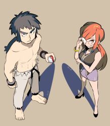  1boy 1girl barefoot black_hair breasts brown_background bruno_(pokemon) cleavage creatures_(company) full_body game_freak glasses high_heels holding holding_poke_ball looking_at_viewer lorelei_(pokemon) muscular muscular_male navel nintendo opaque_glasses partially_opaque_glasses poke_ball poke_ball_(basic) pokemon pokemon_frlg red_eyes red_hair standing ucchii 