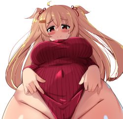 1girl alternate_costume blush breasts cleft_of_venus closed_mouth covered_erect_nipples dress hair_between_eyes hair_flaps hair_ornament hair_ribbon heattech_leotard highres kantai_collection kurokoshou_(emuburemu123) large_breasts leotard light_brown_hair long_hair looking_at_viewer looking_down murasame_(kancolle) red_eyes red_sweater ribbon smile solo sweater sweater_dress turtleneck twintails rating:Questionable score:27 user:danbooru