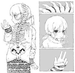  1girl arm_at_side aromemi bags_under_eyes blurry bone closed_mouth contrapposto expressionless greyscale half-closed_eyes hand_up highres jacket long_hair long_sleeves looking_at_viewer looking_to_the_side low_twintails monochrome multiple_views original pinching_sleeves print_skirt profile short_twintails simple_background skirt spine standing striped_sleeves tied_drawstring triangle_print twintails w 