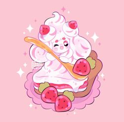  ;d alcremie artist_name blush_stickers commentary creatures_(company) food fruit game_freak gen_8_pokemon happy holding holding_spoon leaphere looking_at_viewer nintendo no_humans one_eye_closed open_mouth pink_background pokemon pokemon_(creature) smile sparkle spoon star_(symbol) strawberry 