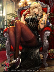1girl black_eyes blonde_hair bracelet chair cigarette dress flower furyou_michi_~gang_road~ twirling_hair high_heels highres jewelry legs long_legs lots_of_jewelry mole official_art pantyhose ring rose sitting solo thick_thighs thighband_pantyhose thighs xaxak rating:Sensitive score:71 user:danbooru