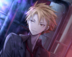  1boy angel31424 blonde_hair closed_mouth collared_shirt commentary dress_shirt dutch_angle grey_jacket grey_shirt hair_ornament hairclip indoors industrial_pipe jacket kagari_shuusei lapels looking_to_the_side loose_necktie male_focus necktie notched_lapels open_collar parted_hair portrait psycho-pass red_necktie shirt short_hair solo spiked_hair tsurime upper_body x_hair_ornament yellow_eyes  rating:General score:2 user:danbooru