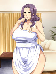  1girl apron breasts covered_erect_nipples enoshima_iki highres hip_focus housewife large_breasts lips mature_female naked_apron purple_eyes purple_hair smile solo thick_thighs thighs wide_hips  rating:Explicit score:49 user:luvmanga