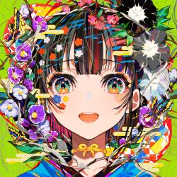  1girl :d animal black_flower black_hair blue_eyes blue_kimono branch bug butterfly egasumi flower green_background grey_flower highres insect japanese_clothes kimono looking_at_viewer mika_pikazo open_mouth original polka_dot portrait purple_flower round_teeth smile solo teeth upper_teeth_only 