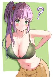  1girl ? absurdres blunt_bangs blush bra breasts cleavage closed_mouth collarbone commentary_request furrowed_brow green_background green_bra green_eyes highres lace lace-trimmed_bra lace_trim large_breasts link!_like!_love_live! long_hair looking_at_viewer love_live! midriff navel otomune_kozue panaham purple_hair side_ponytail sidelocks skirt solo standing underwear undressing upper_body virtual_youtuber yellow_skirt 