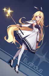  1girl arnold-s bad_id bad_pixiv_id black_footwear black_ribbon blonde_hair capelet character_name commentary_request detached_sleeves dress dutch_angle full_body hair_ribbon head_tilt high_heels highres holding illustrious_(warship_girls_r) long_hair long_sleeves looking_at_viewer pantyhose parted_lips pleated_dress pumps purple_eyes ribbon shoes sleeveless sleeveless_dress solo sparkle standing very_long_hair warship_girls_r white_capelet white_dress white_pantyhose white_sleeves  rating:Sensitive score:4 user:danbooru
