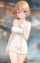  1girl blurry blurry_background breasts brown_hair collarbone covered_navel covering_privates flipped_hair furaggu_(frag_0416) grey_hair hiei_(kancolle) highres kantai_collection large_breasts naked_towel nude_cover onsen short_hair solo standing towel white_towel 