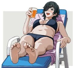  1girl alcohol barefoot beach_chair beer bikini black_bikini black_hair blush breasts chainsaw_man commentary cup english_commentary eyepatch feet himeno_(chainsaw_man) holding holding_cup long_hair navel open_mouth shiren_(ourboy83) simple_background solo swimsuit towel 