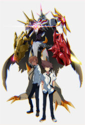  2boys armor black_footwear black_necktie black_pants blue_eyes brown_eyes brown_hair cape chest_jewel closed_mouth commentary_request copyright_name digimon digimon_(creature) digimon_adventure:_(2020) digimon_adventure_tri. full_body glint glowing hands_in_pockets horns ishida_yamato light_frown looking_at_viewer loose_necktie male_focus matsu-jun multiple_boys necktie omegamon_alter-s pants school_uniform shield shirt short_hair short_sleeves simple_background standing tall_hair third-party_source weapon white_background white_footwear white_shirt yagami_taichi 