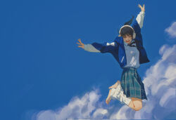  1girl absurdres arms_up barefoot black_hair blue_jacket blue_sky chainsaw_man choppy_bangs closed_eyes cloud day green_skirt highres jacket jumping long_hair midair mitaka_asa open_mouth outdoors outstretched_arms plaid plaid_skirt ponytail ribbon school_uniform shirt skirt sky solo white_headphones white_leg_warmers white_ribbon white_shirt yao_liao_wang 