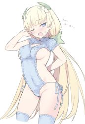 1girl ;o angela_balzac arm_behind_back bare_shoulders blade_(galaxist) blonde_hair blue_eyes blue_one-piece_swimsuit blue_ribbon blue_thighhighs blush breasts casual_one-piece_swimsuit cleavage_cutout clothing_cutout covered_erect_nipples covered_navel cowboy_shot green_ribbon groin hair_ribbon hand_in_own_hair headgear long_hair looking_at_viewer low_twintails medium_breasts one-piece_swimsuit one_eye_closed open_mouth rakuen_tsuihou ribbon short_sleeves side-tie_swimsuit sideboob simple_background solo standing sweat swimsuit thighhighs thighs translation_request tsurime twintails very_long_hair white_background rating:Questionable score:11 user:danbooru