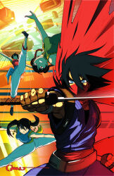  1boy 3girls bare_arms bei_pooh bell belt black_hair blue_eyes braid breasts brown_hair building capri_pants chinese_clothes city clenched_hand energy_sword fingerless_gloves flying_car flying_kick gloves gymnastics hair_bell hair_ornament highres holding holding_weapon kicking medium_breasts multiple_girls ninja no_socks omar_dogan pants plasma_sword red_eyes red_sash red_scarf sai_pooh sash scarf signature skyscraper split strider_(video_game) strider_hiryuu sword teeth ton_pooh twin_braids twintails weapon 