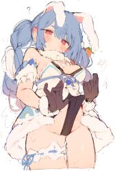  1girl ? animal_ears bare_shoulders black_gloves black_leotard blue_hair blush braid breasts carrot carrot_hair_ornament closed_mouth cowboy_shot detached_sleeves don-chan_(usada_pekora) dress food-themed_hair_ornament from_below frontal_wedgie fur-trimmed_dress fur-trimmed_gloves fur_trim gloves hair_ornament highres hololive leotard leotard_pull leotard_under_clothes looking_at_viewer looking_down medium_breasts multicolored_hair otintin pulling_own_clothes rabbit_ears rabbit_girl red_eyes short_eyebrows simple_background sleeveless sleeveless_dress solo steam thick_eyebrows thighs twin_braids twintails usada_pekora usada_pekora_(1st_costume) virtual_youtuber wedgie white_background white_dress  rating:Sensitive score:19 user:danbooru