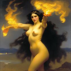  ai-generated belly black_eyes black_hair breasts closed_eyes curvy fire long_hair navel nipples nude pyrokinesis seductress small_breasts william_bouguereau  rating:Explicit score:3 user:kitsuneshapeshifter
