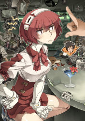 1girl 2boys :t annoyed bar_stool between_legs blush breath brown_hair camera closed_eyes counter countertop cup cyberpunk dog doll_joints dorothy_haze drink drinking_glass drooling flower gillian_(va-11_hall-a) hand_between_legs hand_fan highres horns indoors joints kasetsu_03 lighter lizard_tail mechanical_arms mechanical_legs miniskirt multiple_boys open_mouth pet_food phone radio red_hair saliva short_hair sitting skirt slobber stool tail television tongue tongue_out va-11_hall-a welsh_corgi rating:Sensitive score:11 user:danbooru