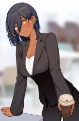  1girl absurdres agamemega blue_hair blurry blurry_background blush breasts cleavage coffee_cup commentary_request cup disposable_cup highres jacket light_smile long_sleeves looking_at_viewer multicolored_hair office_lady original short_hair solo streaked_hair suit_jacket yellow_eyes  rating:Sensitive score:5 user:danbooru