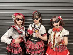 3girls costume cyaron!_(love_live!) furihata_ai inami_anju indoors looking_at_viewer multiple_girls photo_(medium) saito_shuka standing sunglasses voice_actor