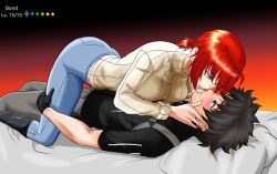  black_footwear boots boudica_(fate) commander_olympus denim fate/grand_order fate_(series) fujimaru_ritsuka_(male) gameplay_mechanics hands_on_another&#039;s_face highres imminent_kiss imminent_penetration jeans pants red_hair sweater tagme  rating:Questionable score:11 user:Lmnopq