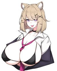  1girl :p absurdres animal_ear_fluff animal_ears arknights black_choker black_jacket blonde_hair blush breasts bright_pupils choker cleavage hair_ornament hairclip highres huge_breasts jacket looking_at_viewer necktie open_clothes open_jacket open_shirt pink_necktie purple_eyes rikuguma shirt short_hair simple_background smile solo tongue tongue_out upper_body utage_(arknights) white_background white_shirt  rating:Sensitive score:44 user:danbooru