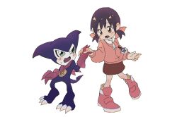  1boy 1girl ai_(digimon) digimon impmon scarf simple_background tail white_background  rating:General score:2 user:Chaos11