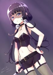1girl :o absurdres arm_at_side armpits bare_shoulders belt belt_buckle black_belt black_collar black_nails black_shirt black_skirt blend_s blunt_bangs breasts buckle bustier cleavage collar commentary_request cowboy_shot dated dutch_angle fingernails fishnet_thighhighs fishnets garter_straps grey_background hair_ornament half-closed_eyes hand_on_own_hip highres holding holding_whip long_hair looking_at_viewer low_twintails medium_breasts midriff nail_polish navel neki_(wakiko) parted_lips purple_background purple_eyes purple_hair sakuranomiya_maika shaded_face shirt simple_background skirt skull_hair_ornament solo strapless thighhighs twintails twitter_username very_long_hair whip wristband rating:Sensitive score:59 user:danbooru