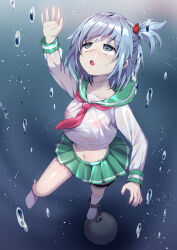  1girl :t air_bubble amasaki_nana asphyxiation ball_and_chain_restraint blankblood blue_hair breasts bubble commentary_request cracklecradle death drowning empty_eyes green_eyes green_skirt hair_bobbles hair_ornament highres holding_breath kneehighs long_sleeves medium_breasts midriff miniskirt mvv navel nipples open_mouth peril school_uniform see-through serafuku side_ponytail skirt socks solo underwater 