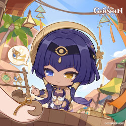  1girl 1other absurdres ajilenakh_nut_(genshin_impact) black_hairband blue_eyes blue_sky candace_(genshin_impact) chibi closed_mouth commentary copyright_name dark-skinned_female dark_skin day diagonal_bangs earrings egyptian_clothes english_commentary eye_of_horus gem genshin_impact glint hair_ornament hair_tubes hairband heterochromia highres holding jewelry light_smile nail_polish neck_ring official_art palm_tree pov pov_hands purple_gemstone purple_hair purple_nails sky solo_focus speech_bubble spoken_object symbol-shaped_pupils tree yellow_eyes 