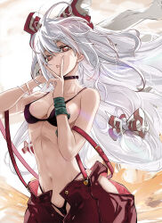  1girl adapted_costume bare_shoulders bikini bikini_under_clothes black_bikini black_choker bow breasts choker collarbone colored_eyelashes commentary covered_erect_nipples cowboy_shot curvy eyelashes fire floating_hair fujiwara_no_mokou hair_between_eyes hair_bow hand_in_own_hair hands_up highres l.f. long_hair looking_at_viewer medium_breasts micro_bikini midriff navel open_mouth pants red_bow red_eyes red_pants simple_background solo stomach striped_bow suspenders swimsuit touhou v v_over_mouth very_long_hair white_background white_bow white_hair 
