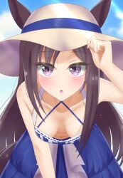  1girl absurdres animal_ears bare_arms bare_shoulders blue_dress blurry blurry_background blush bow breasts brown_hair brown_hat cleavage collarbone commentary_request commission cowboy_shot criss-cross_halter day downblouse dress halterneck hat highres horse_ears horse_girl kusarigama_sshimi leaning_forward long_hair mejiro_dober_(umamusume) mejiro_dober_(vacation_safir)_(umamusume) navel open_mouth outdoors purple_eyes skeb_commission sleeveless sleeveless_dress solo sweat textless_version umamusume white_bow 