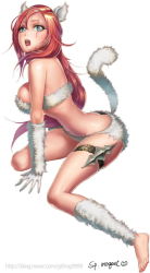  1girl animal_ears ass barefoot butt_crack cat_ears cat_tail feet full_body fur gloves green_eyes gtfrog9999 katarina_(league_of_legends) kitty_cat_katarina league_of_legends long_hair navel open_mouth red_hair scar solo symbol-shaped_pupils tail white_background white_gloves 