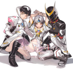1boy 2girls aoin arms_up assisted_exposure black_hair blood boots bracelet code:_empress_(elsword) crotchless crotchless_panties elsword eve_(elsword) facial_mark forehead_jewel helmet jewelry knee_boots multiple_girls nosebleed oberon_(elsword) ophelia_(elsword) panties petite presenting presenting_another pussy sexual_coaching silver_hair spread_legs underwear yellow_eyes rating:Explicit score:148 user:danbooru