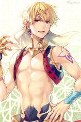  1boy arabian_clothes blonde_hair earrings fate/grand_order fate_(series) gilgamesh gilgamesh_(caster)_(fate) gilgamesh_(fate) hagino_kouta hair_between_eyes highres jewelry looking_at_viewer male_focus muscular muscular_male open_mouth red_eyes short_hair smile  rating:Sensitive score:6 user:danbooru