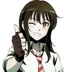  1girl absurdres black_hair brown_eyes commission coppelion fingerless_gloves gloves grin highres long_hair looking_at_viewer naruse_ibara necktie one_eye_closed qosic red_necktie school_uniform second-party_source shirt sleeves_rolled_up smile solo striped_necktie thumbs_up transparent_background upper_body white_shirt 